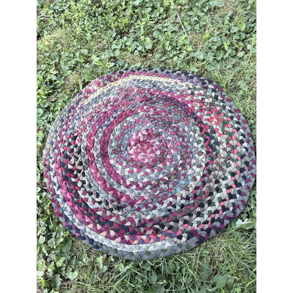 Vintage Braided Round Rag Rug 29" Handmade‎ Farmhouse Folk Art
